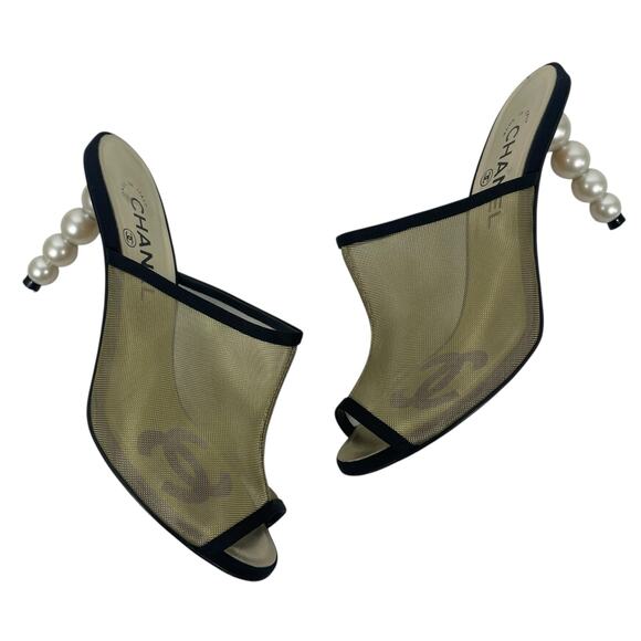 Chanel Mesh Goatskin Pearl Heel Mules Slip On Black Tan Size 37.5C - Picture 6 of 14